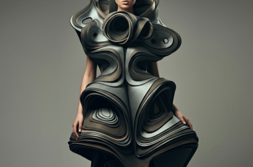 A model on a runway wearing a sculptural