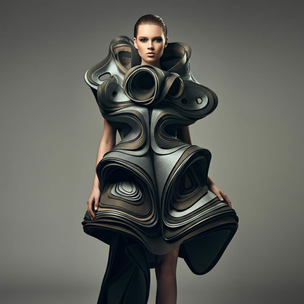 A model on a runway wearing a sculptural