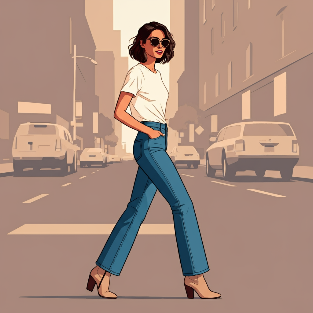 A woman confidently wearing stylish, medium-wash barrel leg jeans with a tucked-in white t-shirt and ankle boots on a city street.