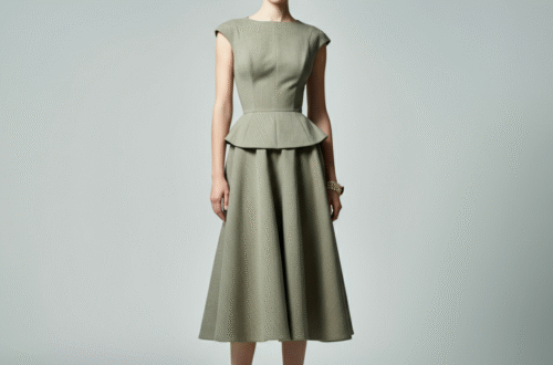 A woman smiling while wearing an elegant white basque waist dress in a sunlit garden.