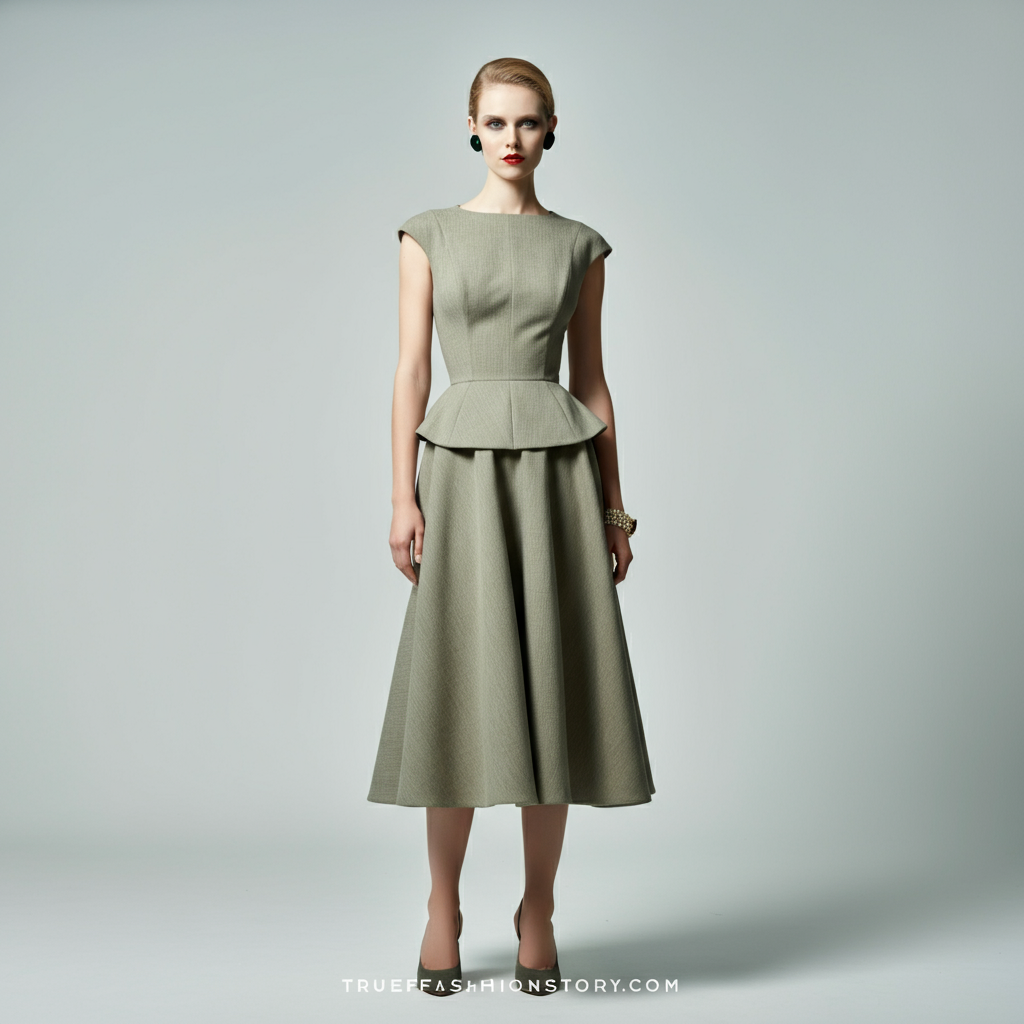 A woman smiling while wearing an elegant white basque waist dress in a sunlit garden.