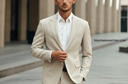 A stylish man wearing a perfectly tailored beige suit and smiling confidently in an urban setting.