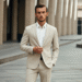 A stylish man wearing a perfectly tailored beige suit and smiling confidently in an urban setting.