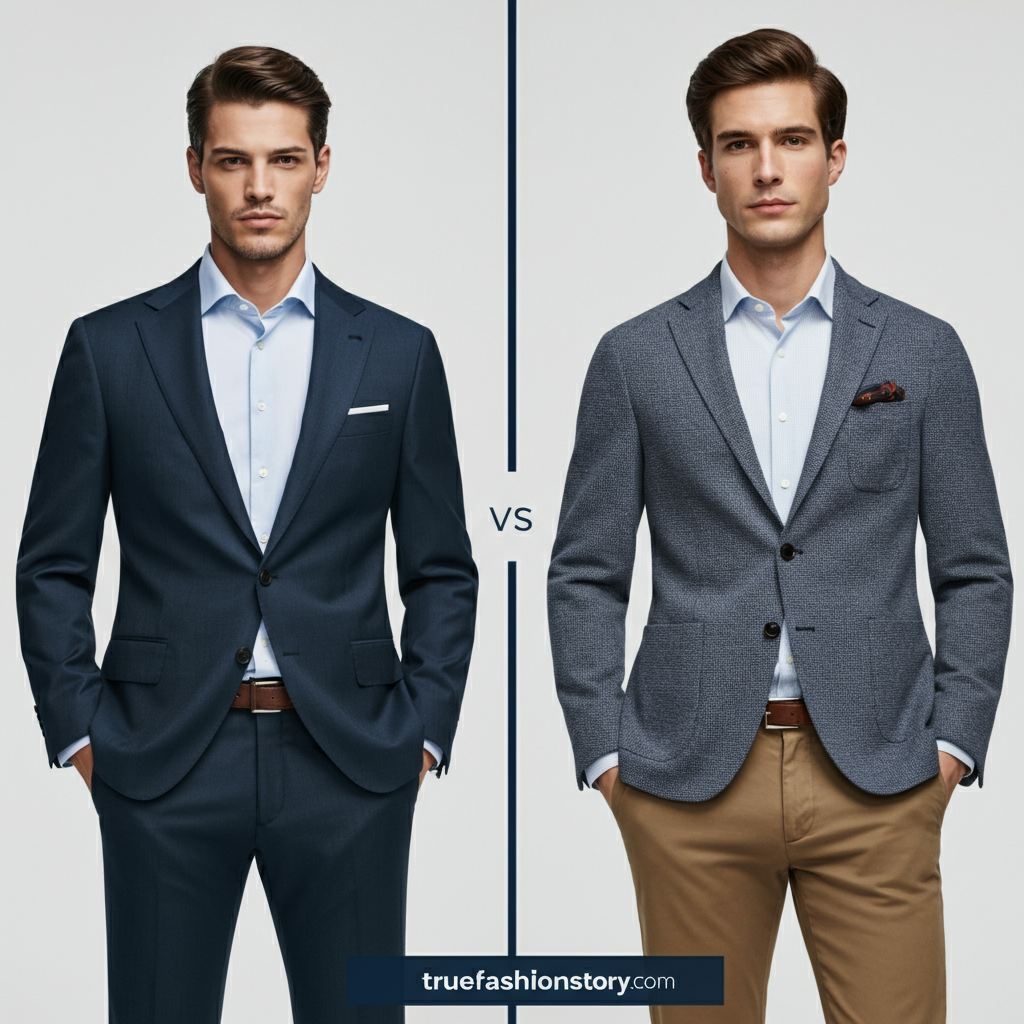 A split image showing a man in a formal suit on one side and a man in a casual blazer and chinos on the other, highlighting the style differences.