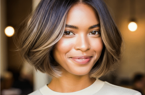 A stylish woman with a modern layered bob haircut smiles, showcasing texture and highlights.