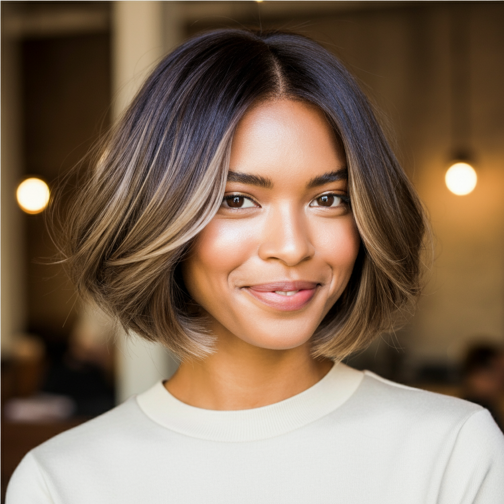 A stylish woman with a modern layered bob haircut smiles, showcasing texture and highlights.