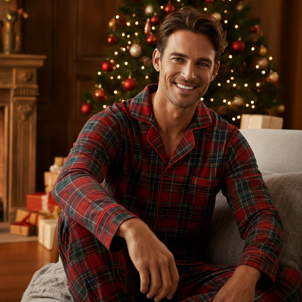 A man wearing festive red and green plaid Christmas pajamas, smiling while holding a mug in a cozy, decorated living room.