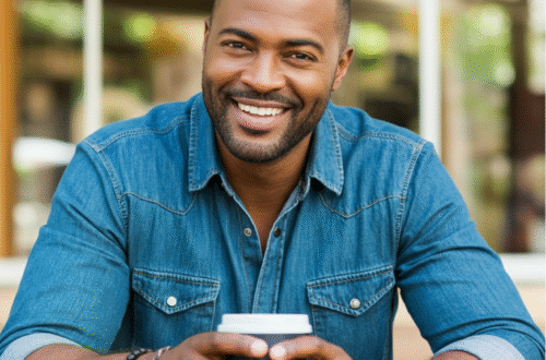 A confident man smiling in a casual, social setting, looking approachable and ready to start a conversation.