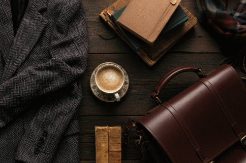 including a tweed blazer and turtleneck, standing in a library