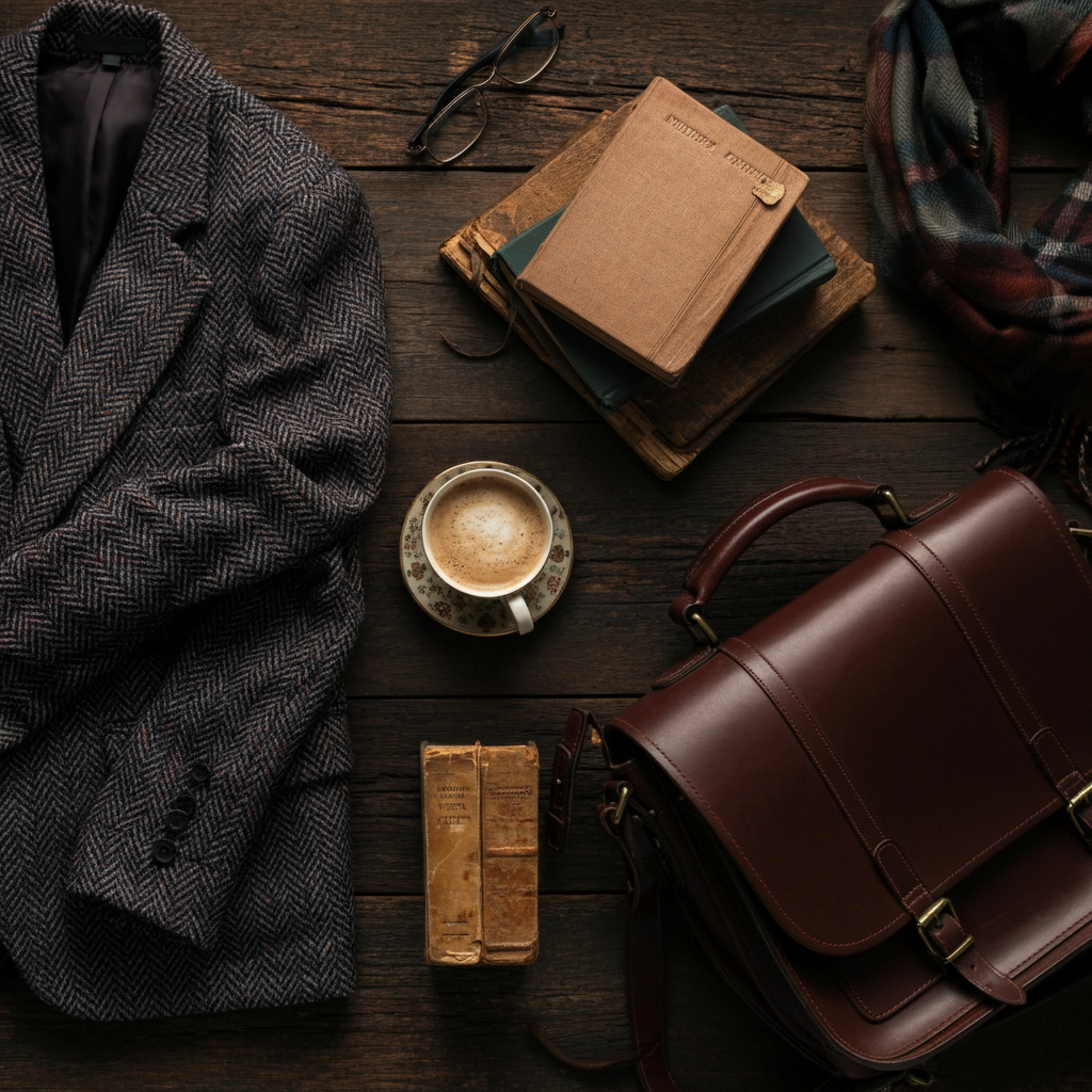 including a tweed blazer and turtleneck, standing in a library