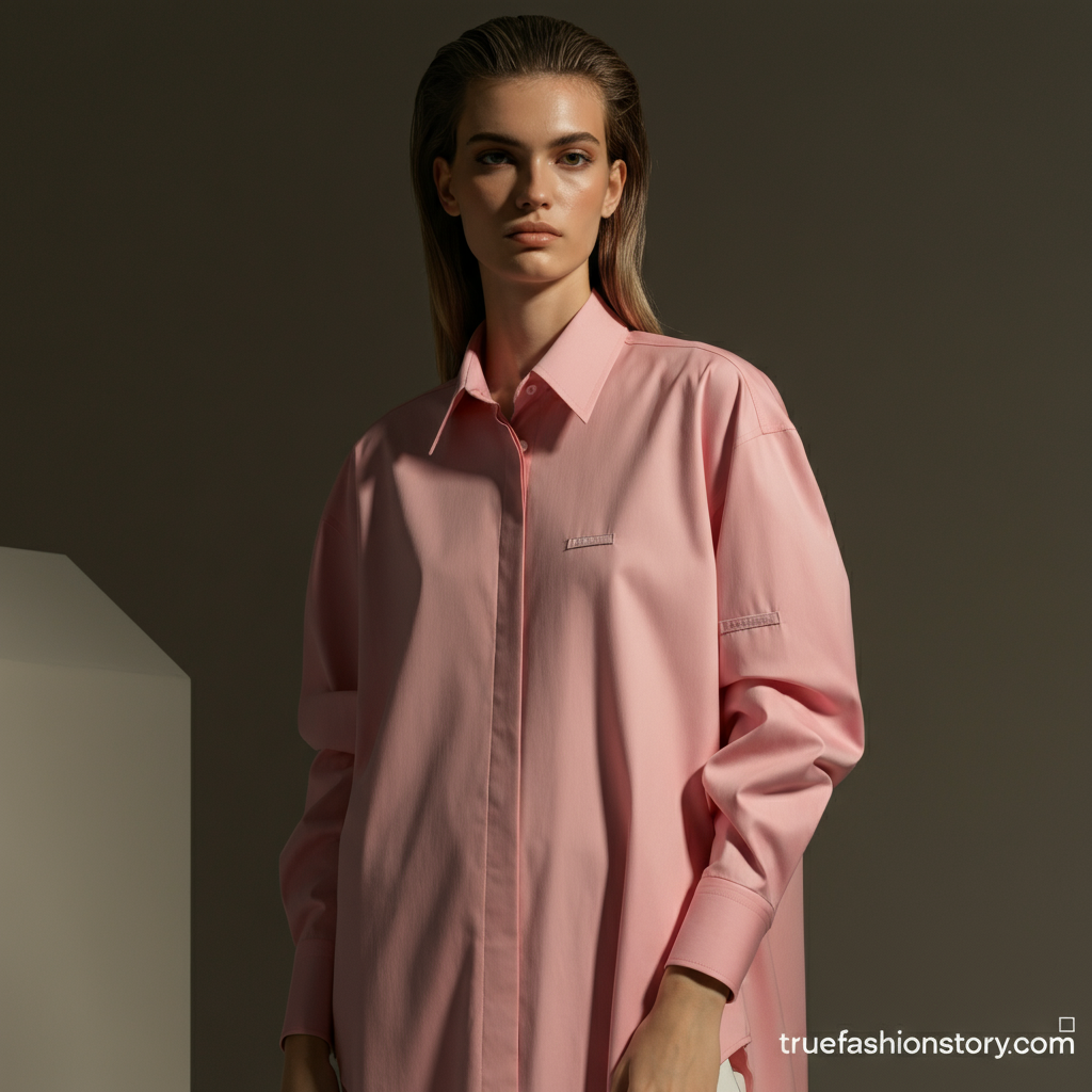 A person confidently wearing a stylish, well-fitted designer shirt pink against a neutral background.