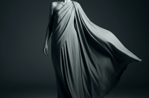 A woman wearing an elegant, flowing navy blue drape dress, standing against a neutral background.