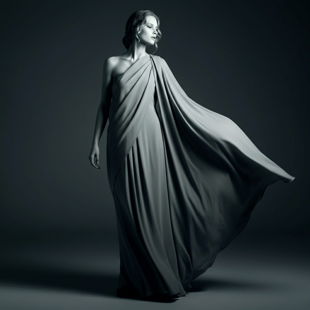 A woman wearing an elegant, flowing navy blue drape dress, standing against a neutral background.