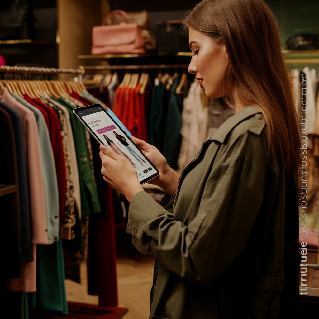 A stylish woman smiles as she looks through a colorful rack of clothing, contemplating her personal style after taking a fashion stylist quiz.