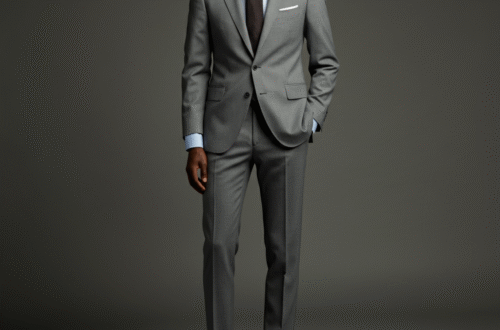 A man looking sharp and confident wearing a tailored charcoal grey suit with polished dark brown dress shoes.