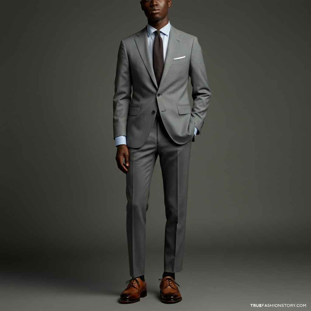A man looking sharp and confident wearing a tailored charcoal grey suit with polished dark brown dress shoes.