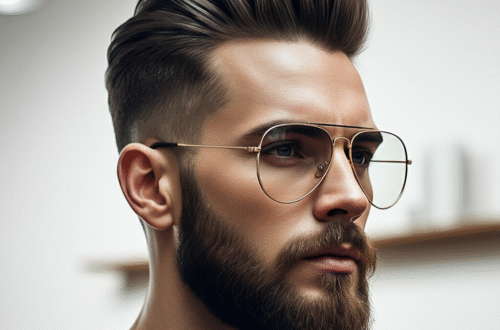 A stylish man with a heart-shaped face, a textured quiff hairstyle, and a well-groomed beard, looking confidently at the camera.