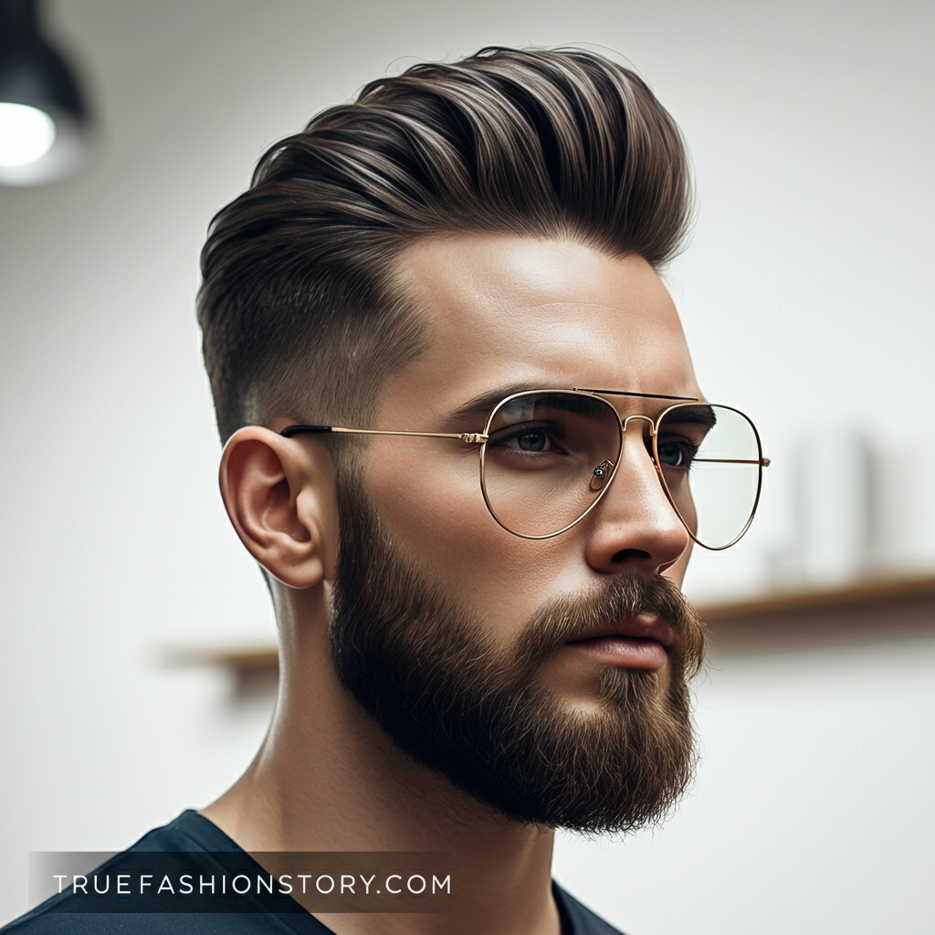 A stylish man with a heart-shaped face, a textured quiff hairstyle, and a well-groomed beard, looking confidently at the camera.