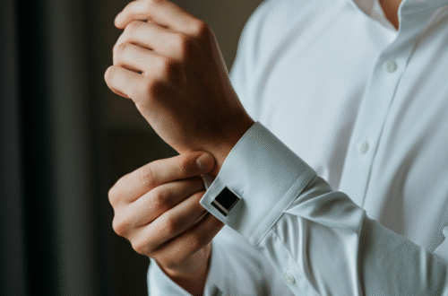 A close-up shot of a man's hands as he fastens a classic silver cufflink onto the French cuff of a crisp white dress shirt.