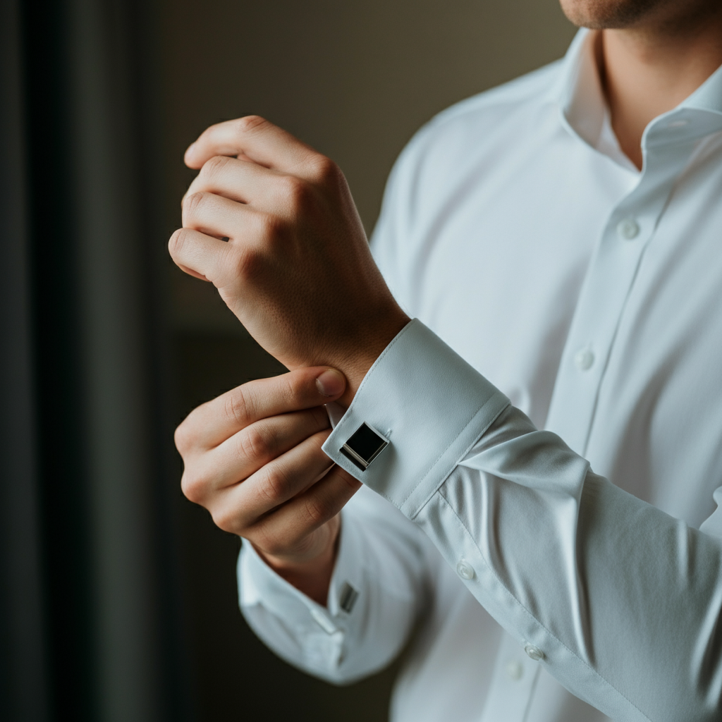 A close-up shot of a man's hands as he fastens a classic silver cufflink onto the French cuff of a crisp white dress shirt.