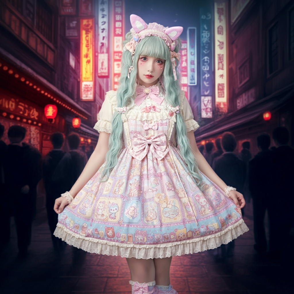 A collage of different Japanese fashion styles, showing a person in a Lolita dress, a Gyaru outfit, and a minimalist ensemble.