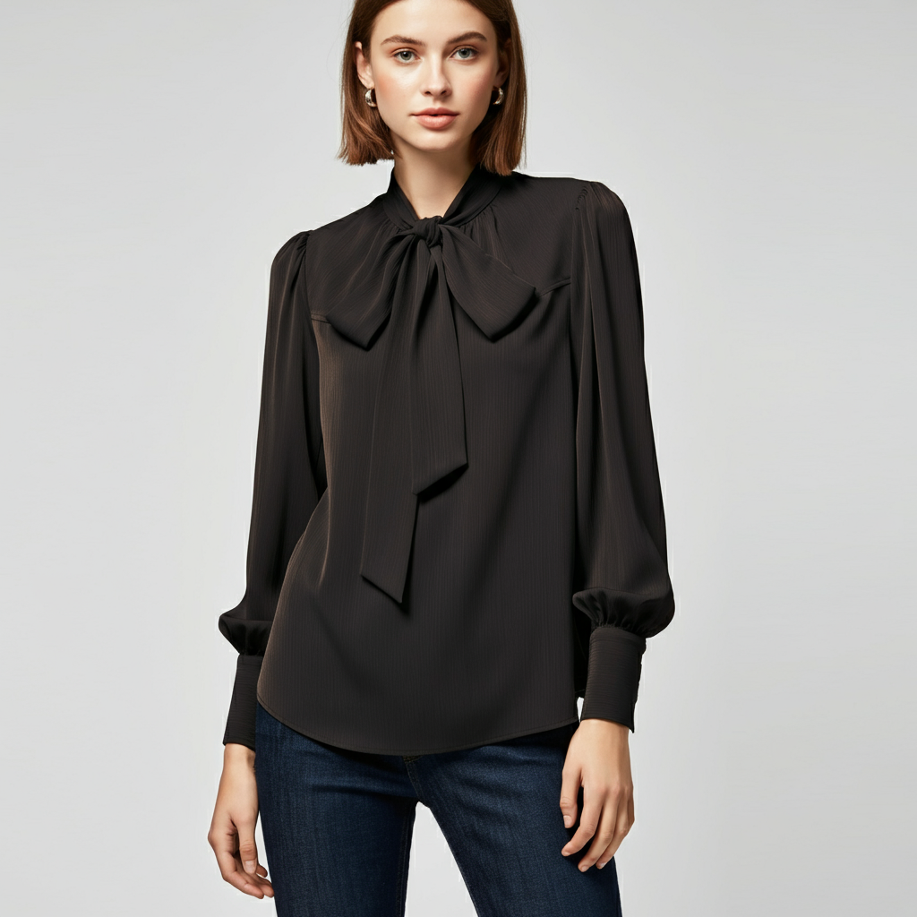 A woman smiling while wearing a stylish white long sleeve blouse paired with dark jeans.