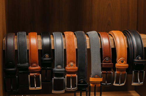 A collection of stylish leather belts for men hanging on a wooden rack, showcasing different colors and buckle styles.