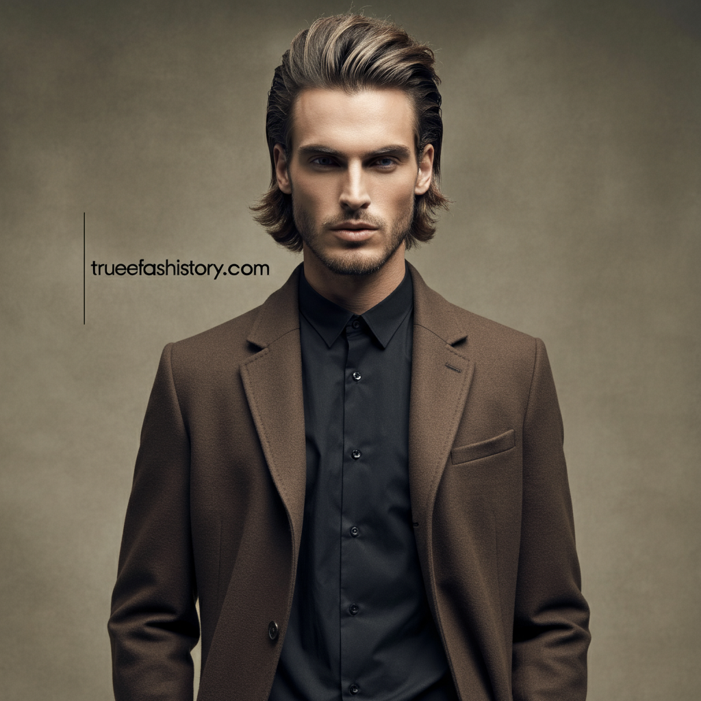 A man with stylish brown medium-long hair styled in a textured, swept-back look, standing against a neutral background.