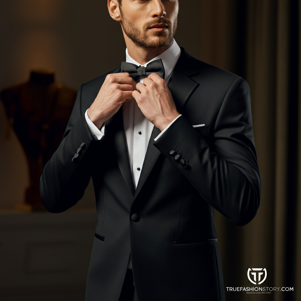 A man looking sharp and confident while adjusting the bow tie on his classic black mens tuxedo dinner suit.