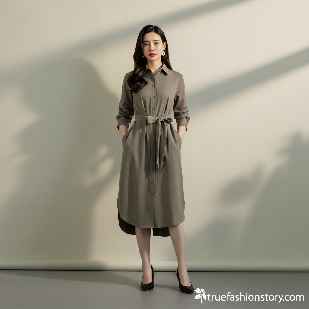 A woman smiling while wearing a stylish blue cotton midi shirt dress with a brown leather belt.