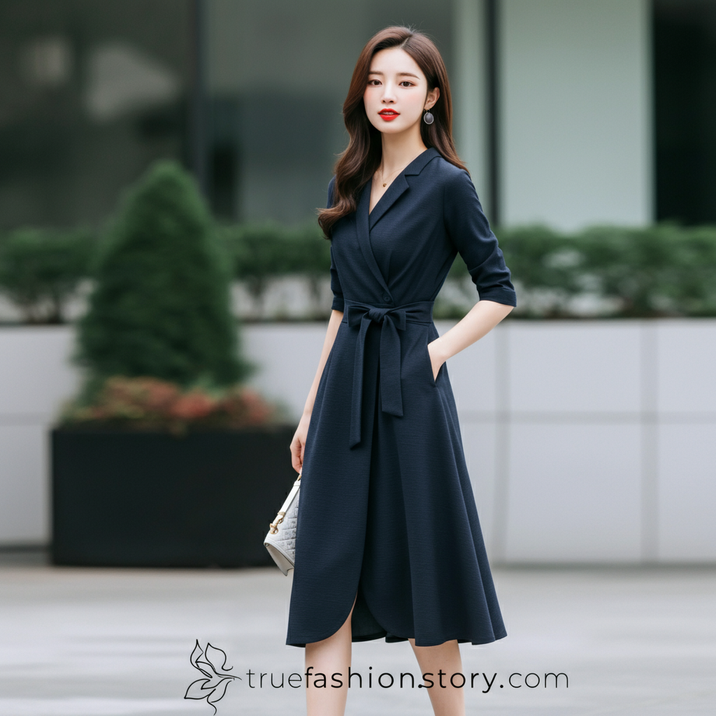 A woman wearing a stylish navy midi dress, smiling confidently in a bright, modern setting.