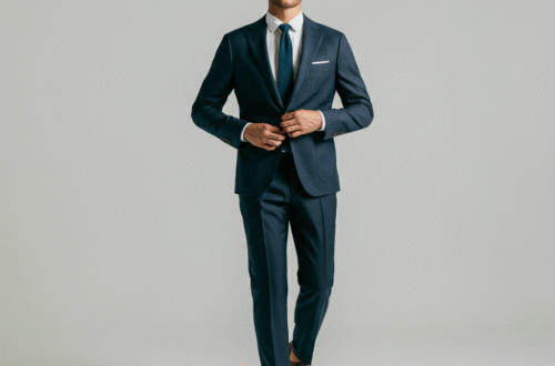 A man looking sharp and confident in a perfectly tailored navy suit blue with a white shirt and brown leather shoes.