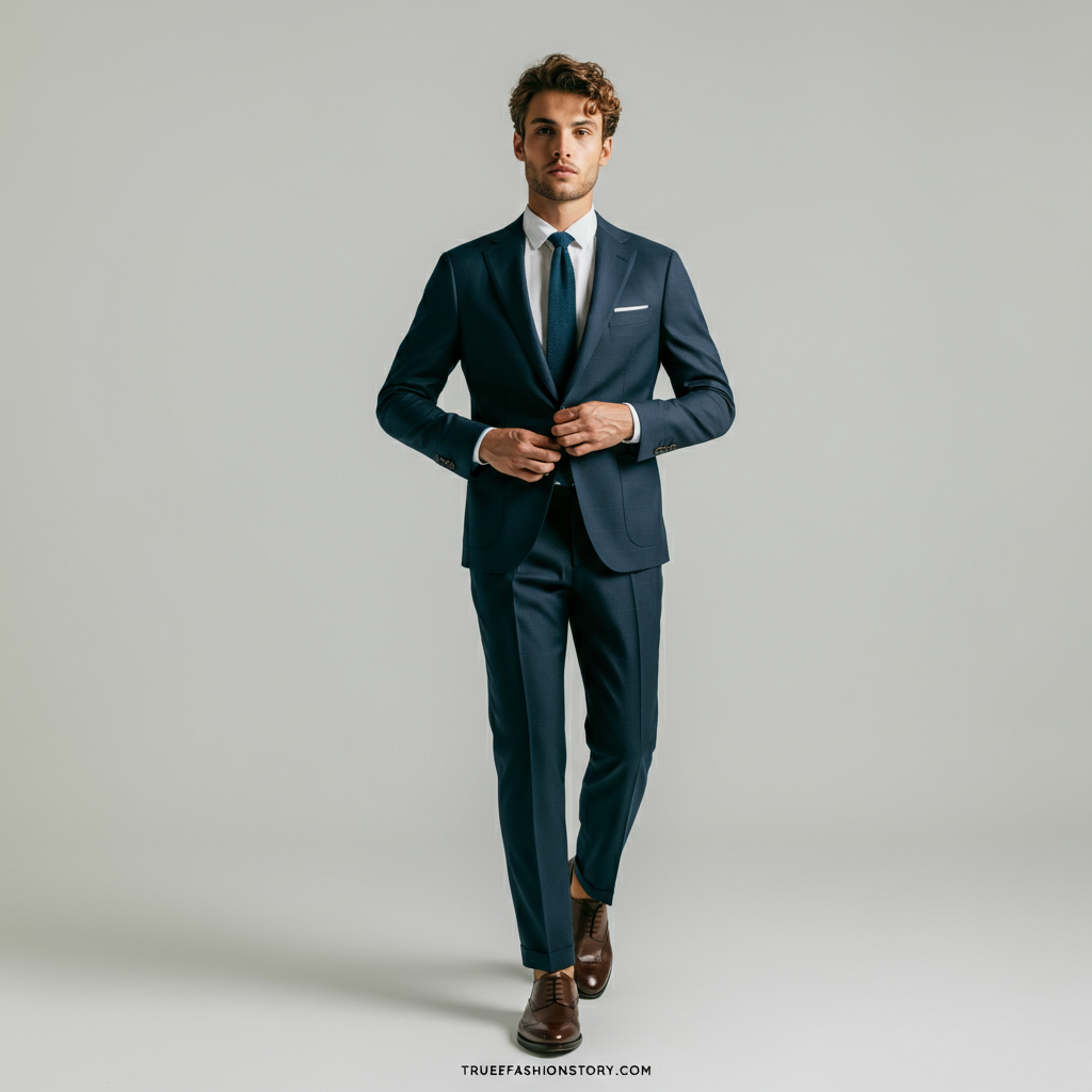 A man looking sharp and confident in a perfectly tailored navy suit blue with a white shirt and brown leather shoes.