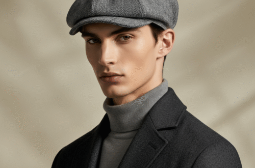 A man wearing a classic grey tweed newsboy cap, smiling slightly against a blurred urban background.