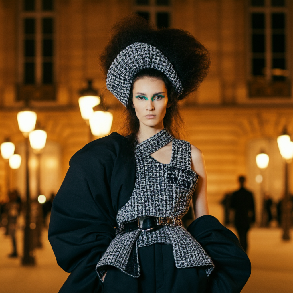 A stylish model walks the runway during a PFW fashion show, wearing a contemporary designer outfit.