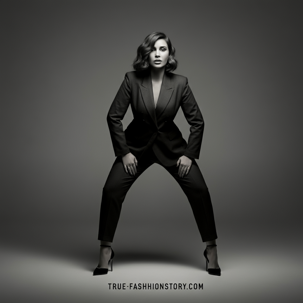 A stylish woman with a petite body smiling confidently in a well-fitted, monochromatic outfit that elongates her frame.