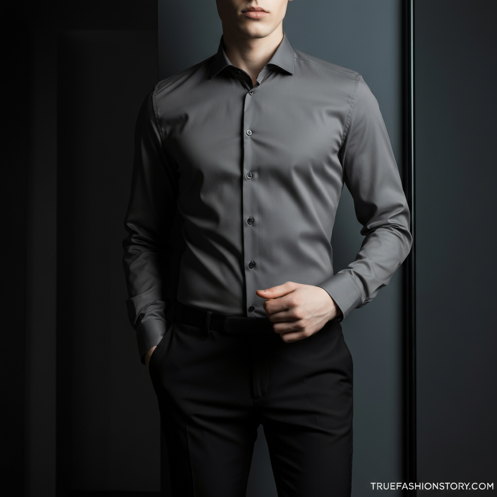 A man wearing a crisp, white poplin shirt, buttoned up and neatly styled, against a neutral background.