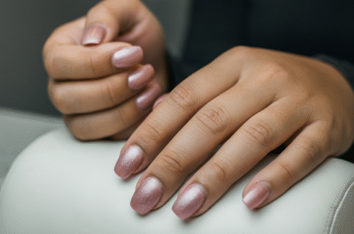 glossy SNS manicure in a modern color.