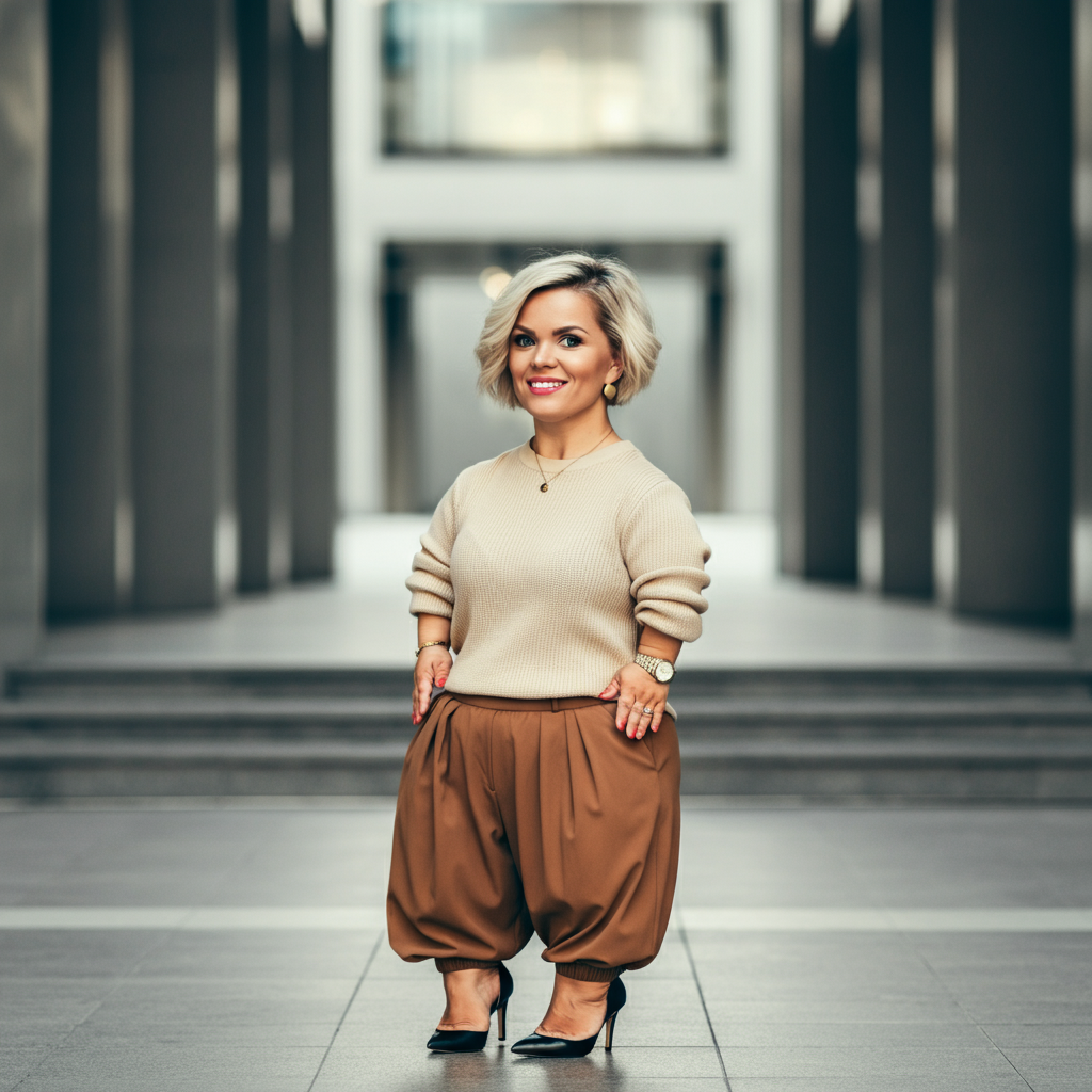 A confident and stylish short girl smiling, wearing a well-fitted outfit that flatters her petite frame.