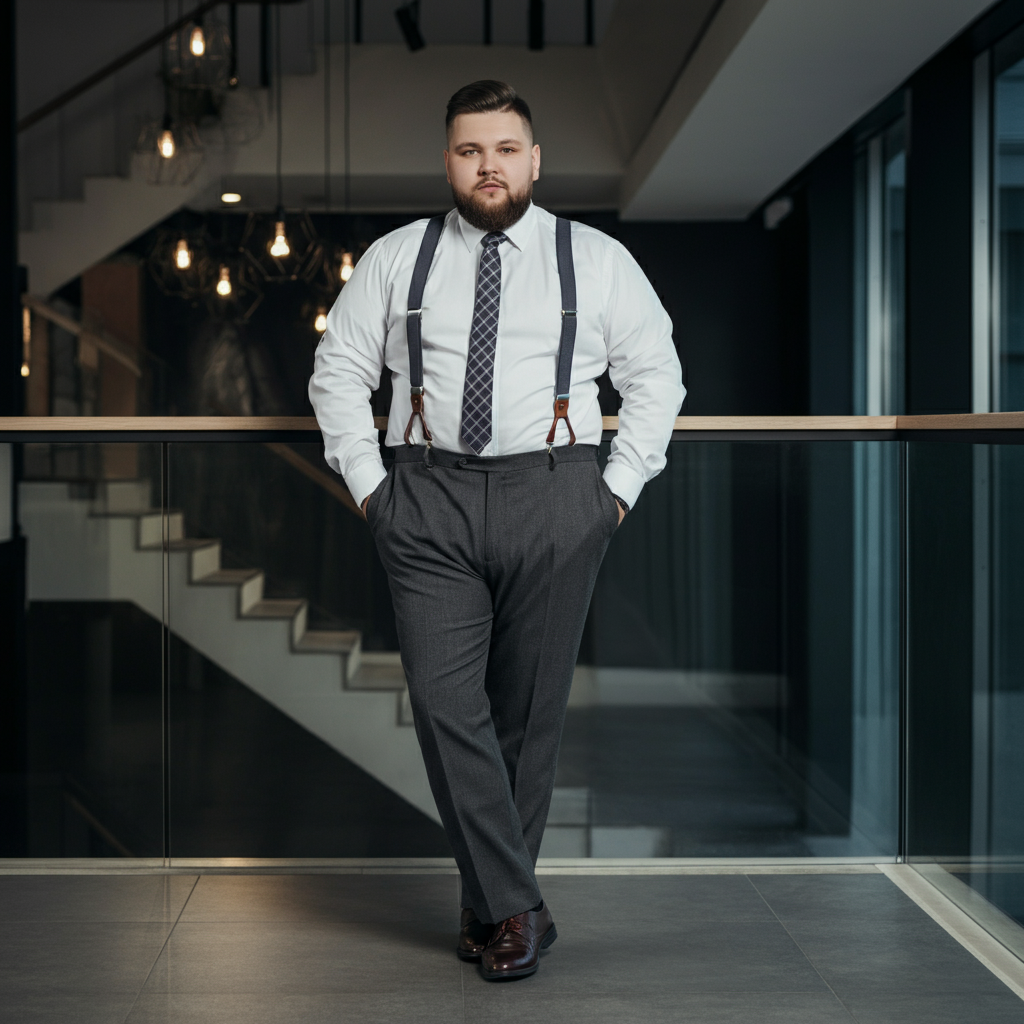 A stylishly dressed man with a larger frame smiling confidently while wearing well-fitted charcoal gray dress pants and suspenders.