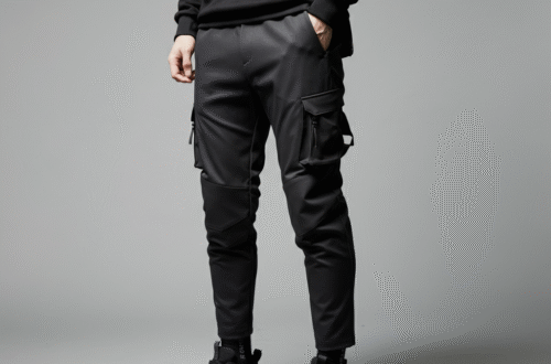 A person wearing black techwear pants with multiple pockets and straps, standing in a modern urban environment.