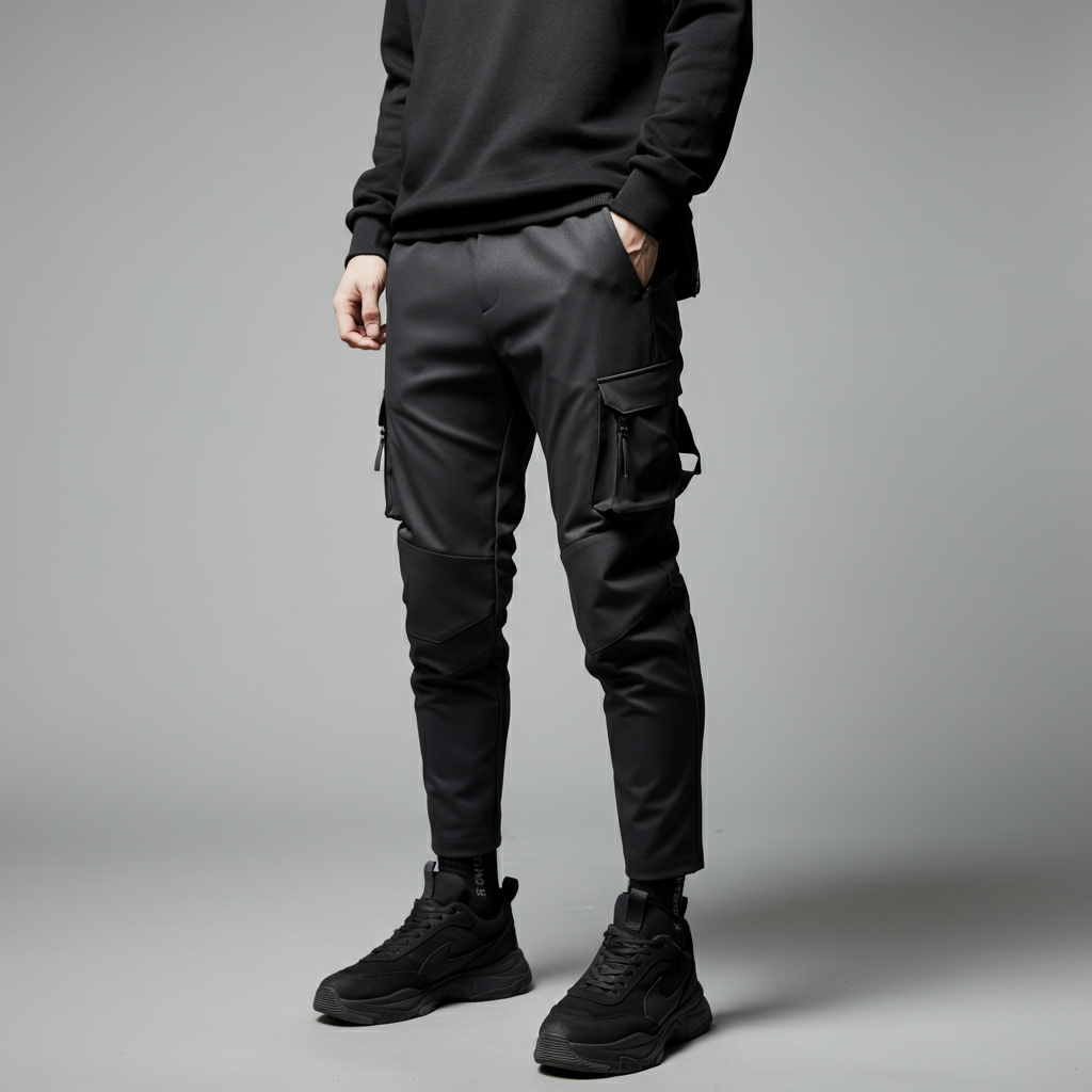 A person wearing black techwear pants with multiple pockets and straps, standing in a modern urban environment.