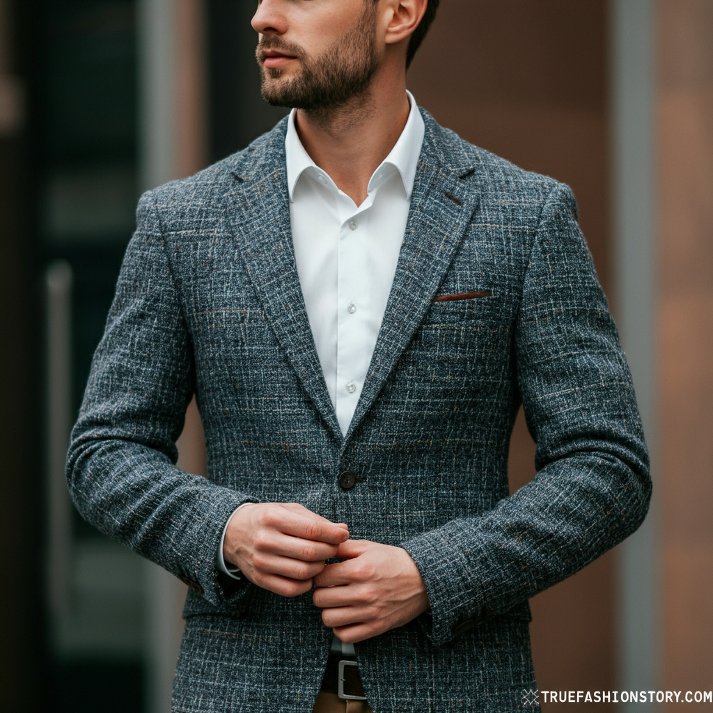 A man wearing a classic brown herringbone tweed jacket, looking stylish and confident in a modern setting.