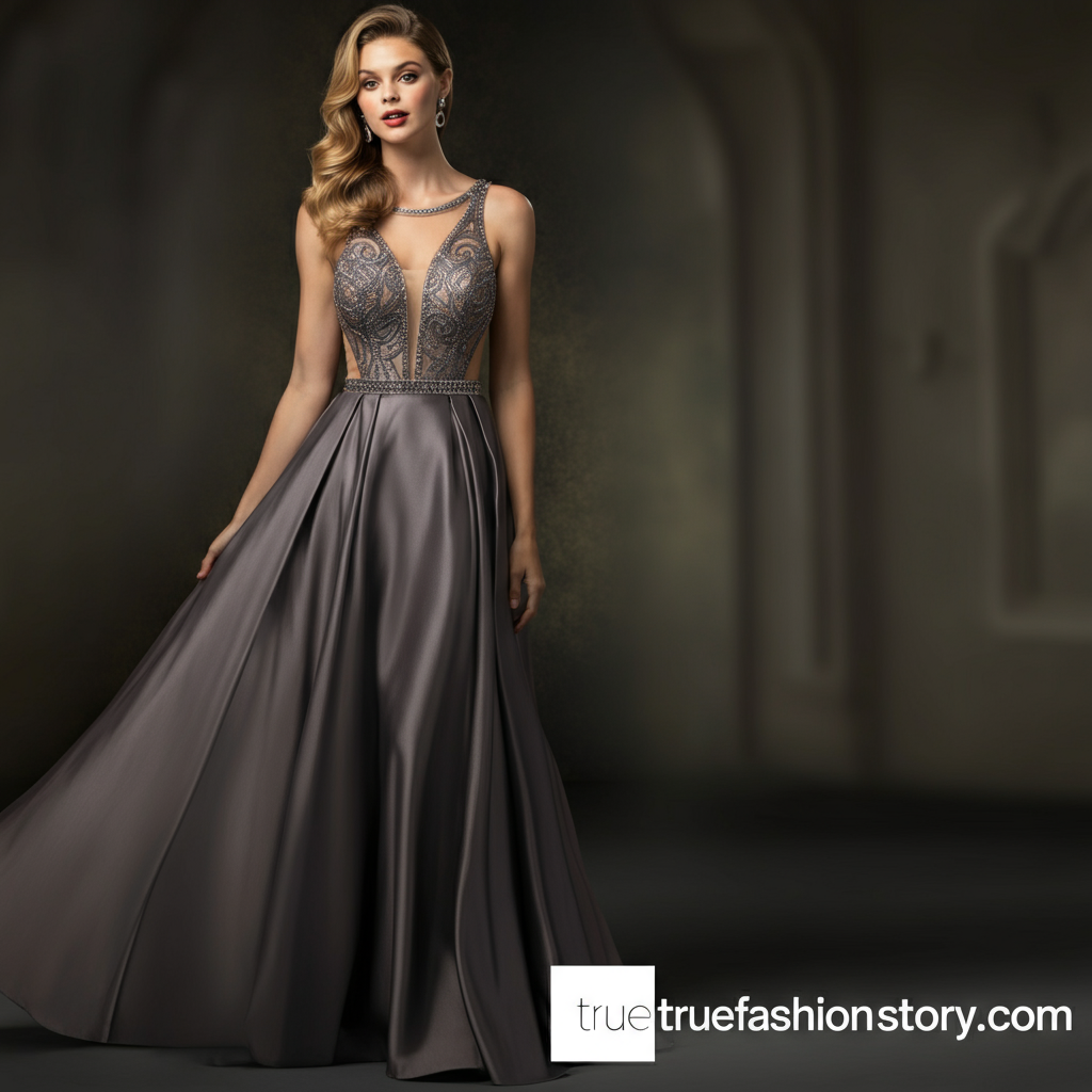 A smiling woman with a petite frame wearing an elegant, floor-length blue A-line petite formal gown at a special event.