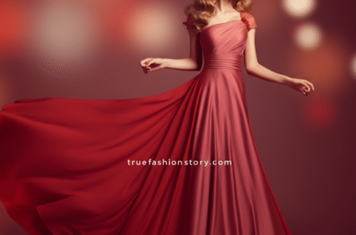 A woman smiling while wearing a stylish red valentines day dress in a romantic setting.