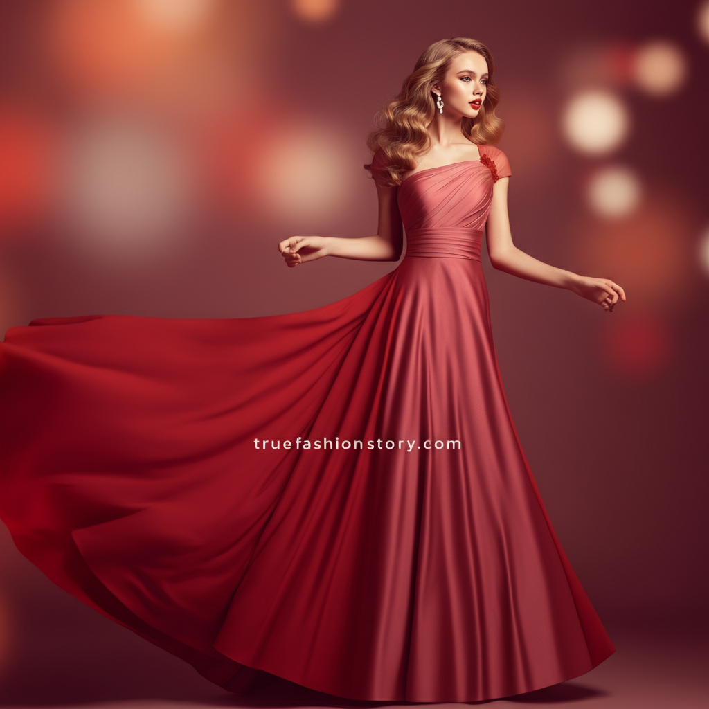 A woman smiling while wearing a stylish red valentines day dress in a romantic setting.