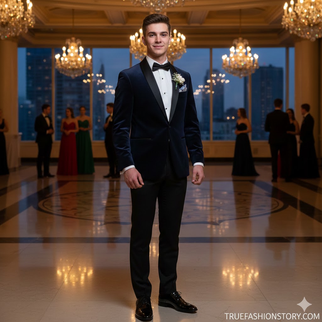 A young man smiling confidently while wearing a stylish navy blue suit and tie, ready for prom.