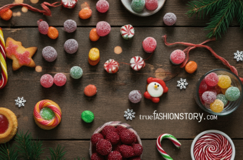 A festive flat lay of various Christmas holiday candy