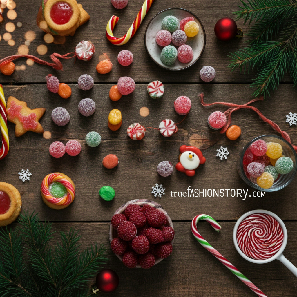 A festive flat lay of various Christmas holiday candy